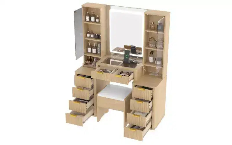 Coiffeuse moderne avec miroir et lumière, comprenant des tiroirs, une armoire en verre transparent, un tabouret et une station de recharge, chêne