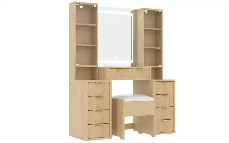 Coiffeuse moderne avec miroir et lumière, comprenant des tiroirs, une armoire en verre transparent, un tabouret et une station de recharge, chêne