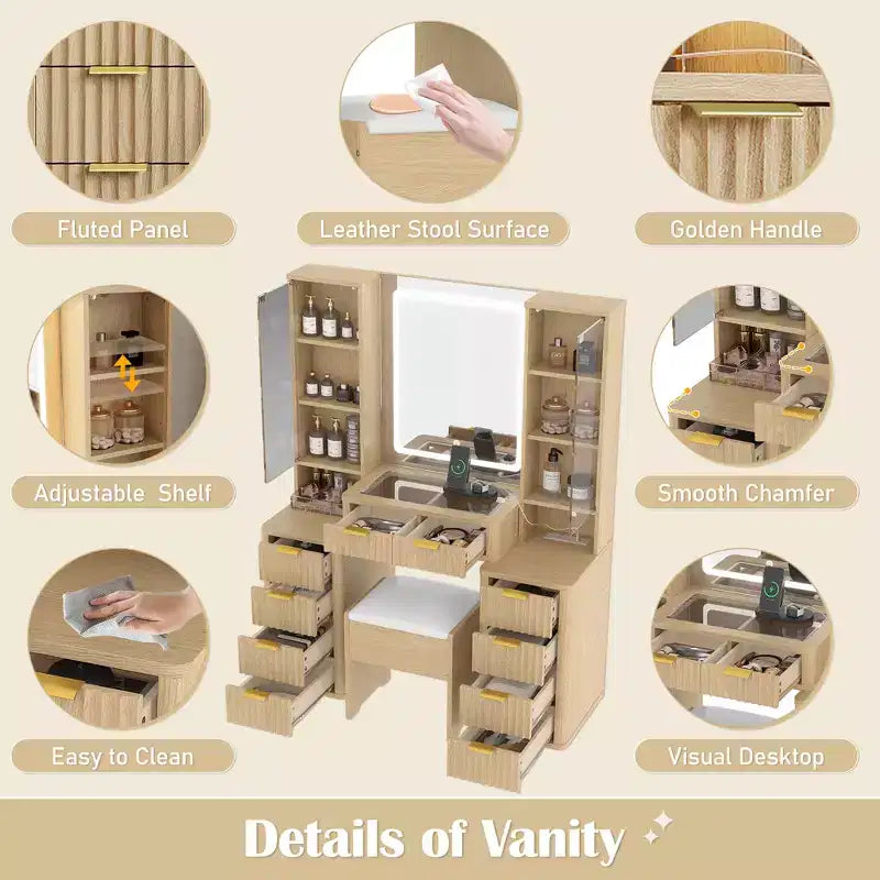Coiffeuse moderne avec miroir et lumière, comprenant des tiroirs, une armoire en verre transparent, un tabouret et une station de recharge, chêne