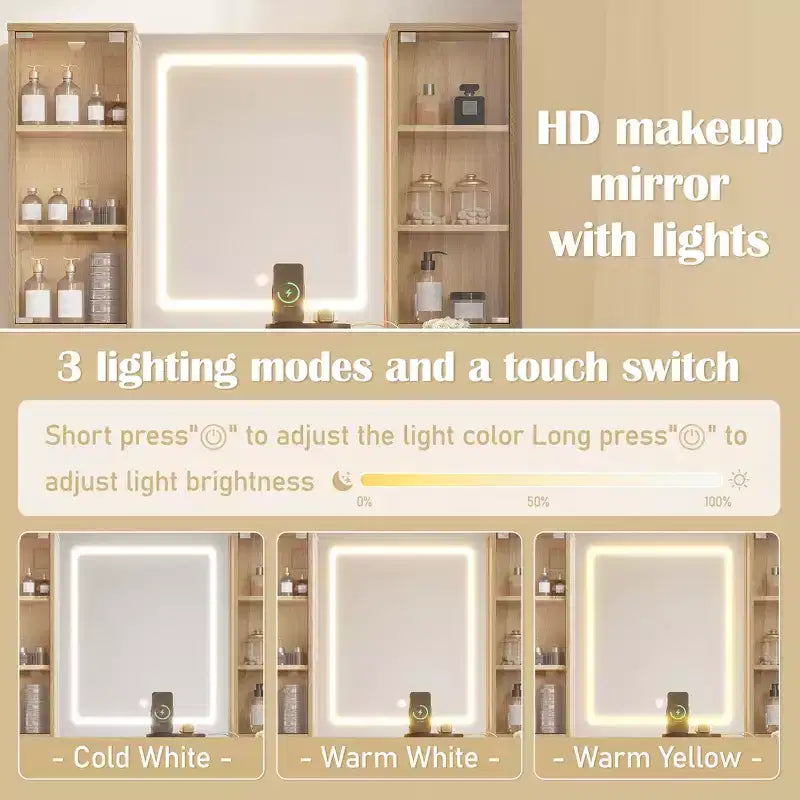 Coiffeuse moderne avec miroir et lumière, comprenant des tiroirs, une armoire en verre transparent, un tabouret et une station de recharge, chêne