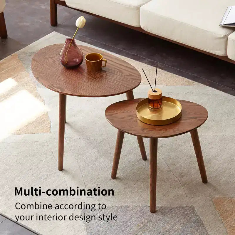 Table d'appoint en chêne massif, Table basse moderne du milieu du siècle en forme de galet, Bureau sans formaldéhyde pour salon/bureau (noyer)