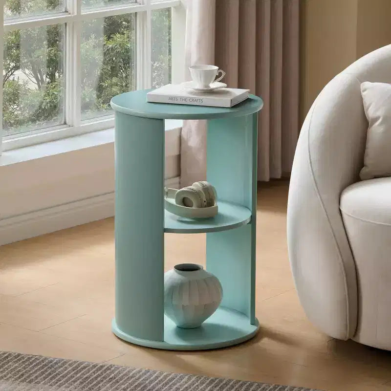 Table d'appoint ronde avec étagères de rangement ouvertes, table d'appoint contemporaine en bois pour salon