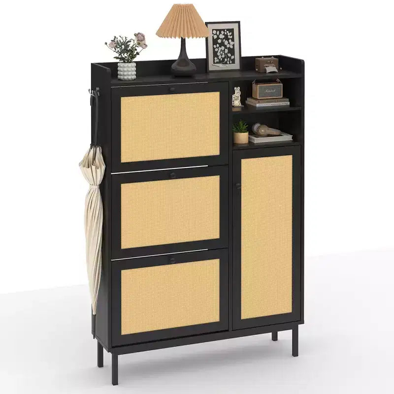 Freestanding Rattan Shoe Cabinet with 3 Flip Drawers &amp; 5 Shelves, Space-Saving Shoe Storage Organizer for Entryway or Hall