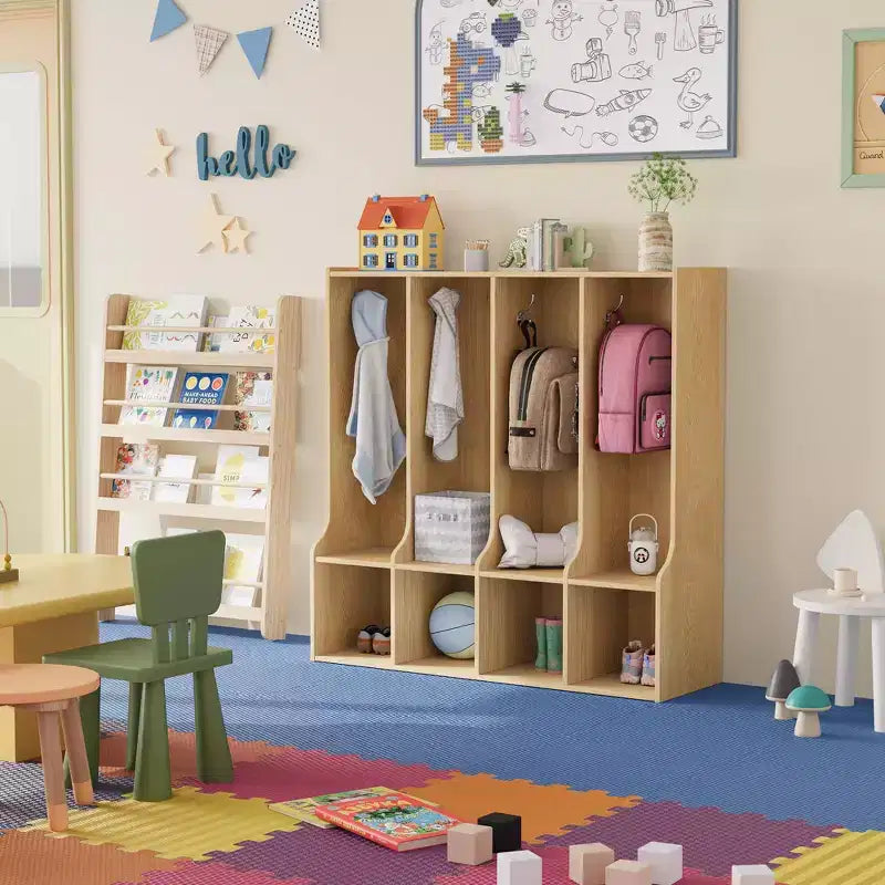 Vestiaire de salle de classe à 4 sections avec 8 crochets et 4 casiers, organisateur de rangement polyvalent pour la maison, l'école, la crèche, la maternelle