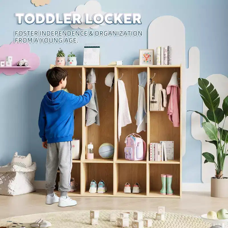 Vestiaire de salle de classe à 4 sections avec 8 crochets et 4 casiers, organisateur de rangement polyvalent pour la maison, l'école, la crèche, la maternelle