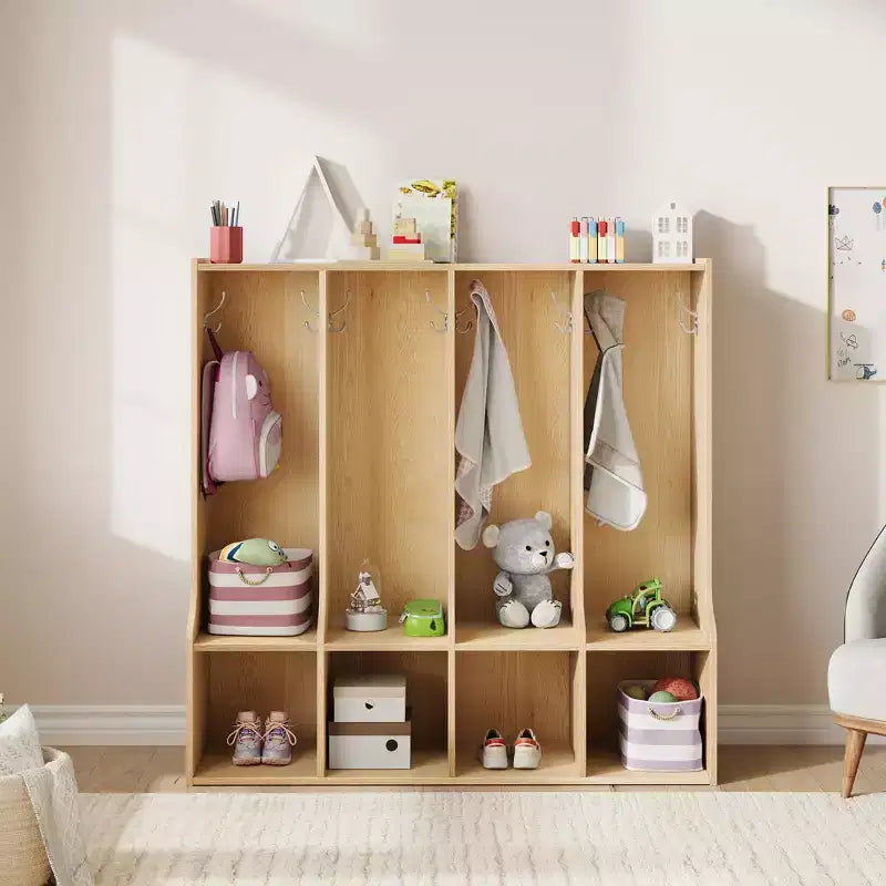 Vestiaire de salle de classe à 4 sections avec 8 crochets et 4 casiers, organisateur de rangement polyvalent pour la maison, l'école, la crèche, la maternelle