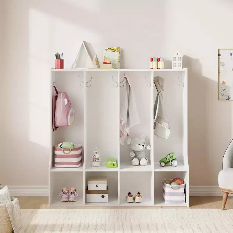 Vestiaire de salle de classe à 4 sections avec 8 crochets et 4 casiers, organisateur de rangement polyvalent pour la maison, l'école, la crèche, la maternelle