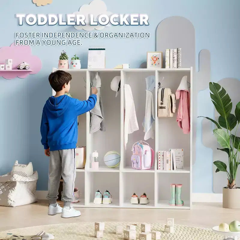 Vestiaire de salle de classe à 4 sections avec 8 crochets et 4 casiers, organisateur de rangement polyvalent pour la maison, l'école, la crèche, la maternelle