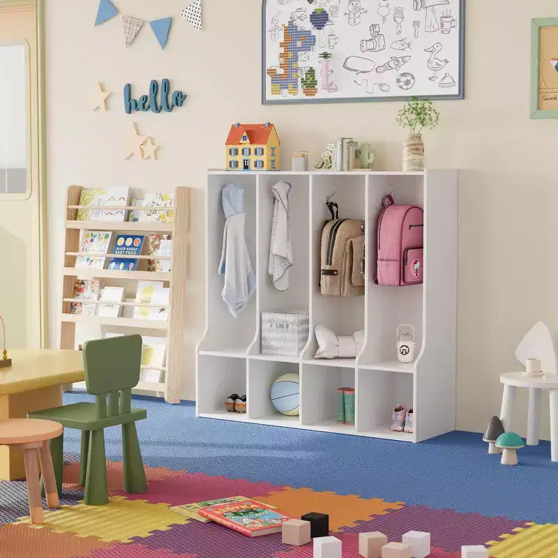 Vestiaire de salle de classe à 4 sections avec 8 crochets et 4 casiers, organisateur de rangement polyvalent pour la maison, l'école, la crèche, la maternelle