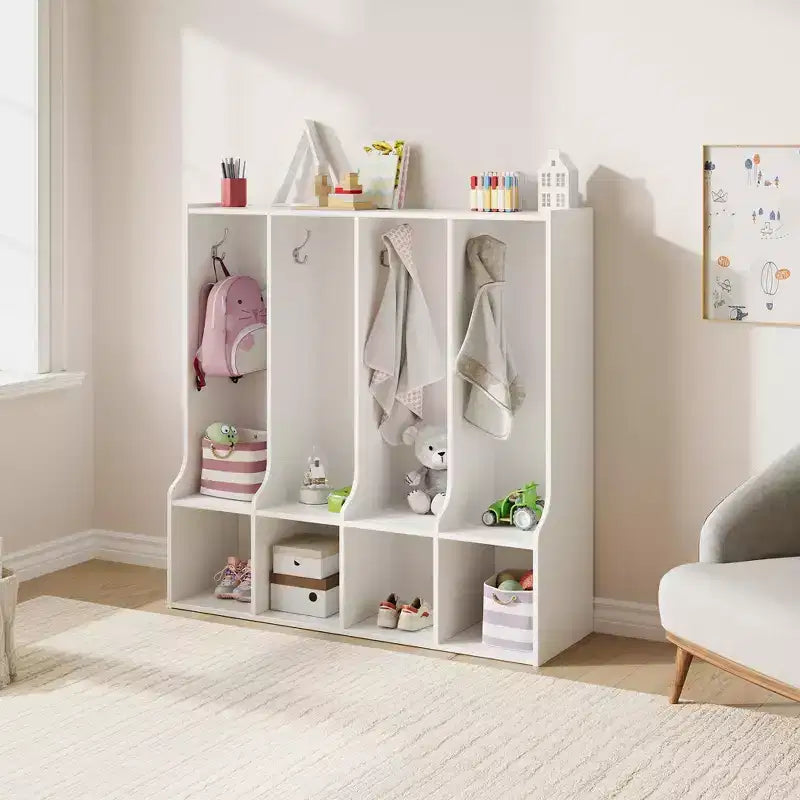 Vestiaire de salle de classe à 4 sections avec 8 crochets et 4 casiers, organisateur de rangement polyvalent pour la maison, l'école, la crèche, la maternelle
