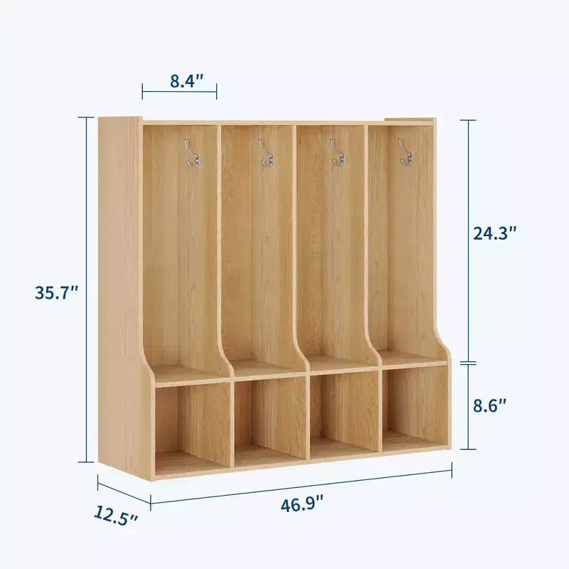 Vestiaire de salle de classe à 4 sections avec 8 crochets et 4 casiers, organisateur de rangement polyvalent pour la maison, l'école, la crèche, la maternelle