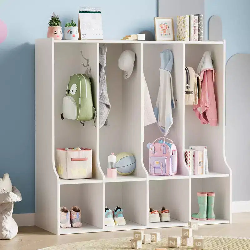 4-Section Classroom Coat Locker with 8 Hooks &amp; 4 Cubbies,Versatile Storage Organizer for Home, School, Nursery, Kindergarten