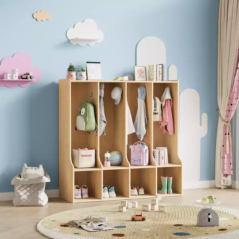 Vestiaire de salle de classe à 4 sections avec 8 crochets et 4 casiers, organisateur de rangement polyvalent pour la maison, l'école, la crèche, la maternelle