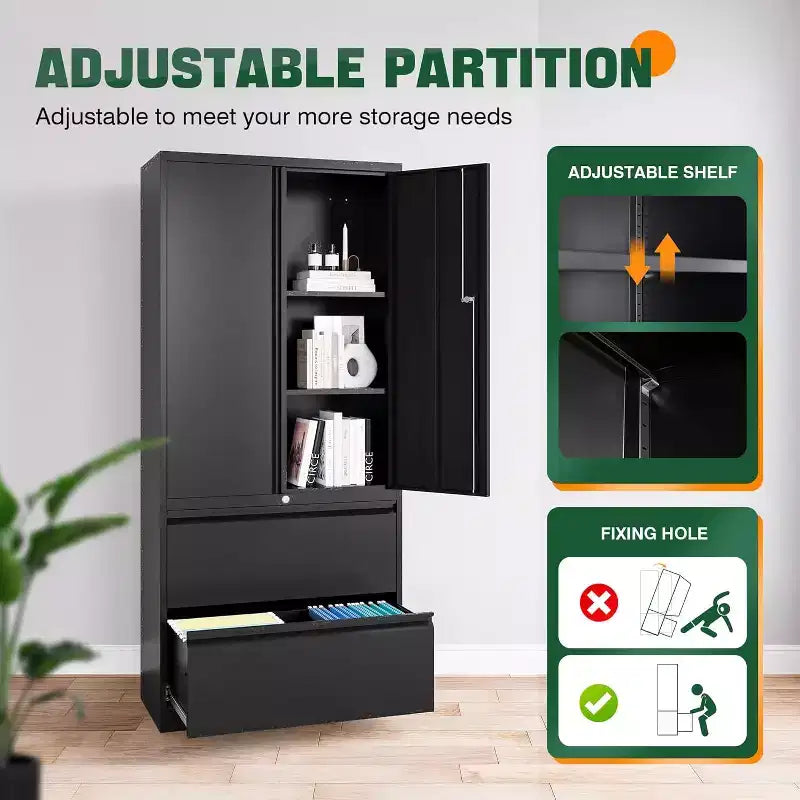 Classeur pour bureau à domicile Rangement métallique de 1 - avec étagères réglables Serrure 2 tiroirs