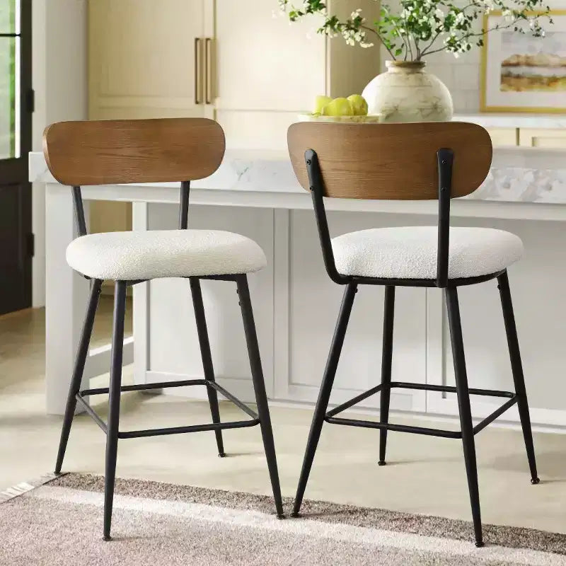 Set of 2 Mid-Century Modern Counter Height Bar Stools, 27 White Boucle Kitchen Chairs with Ash Wood Back - Panipeachy