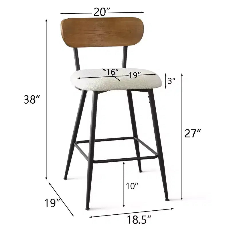 Ensemble de 2 tabourets de bar hauteur comptoir Mid-Century Modern, 2 chaises de cuisine en bouclette blanche de 27 po avec dossier en bois de frêne