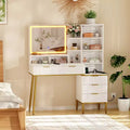 COZONY Fluted Vanity Desk with Mirror, Makeup Vanity with 5 Drawers &amp; Shelves, Modern Dressing Table for Bedroom