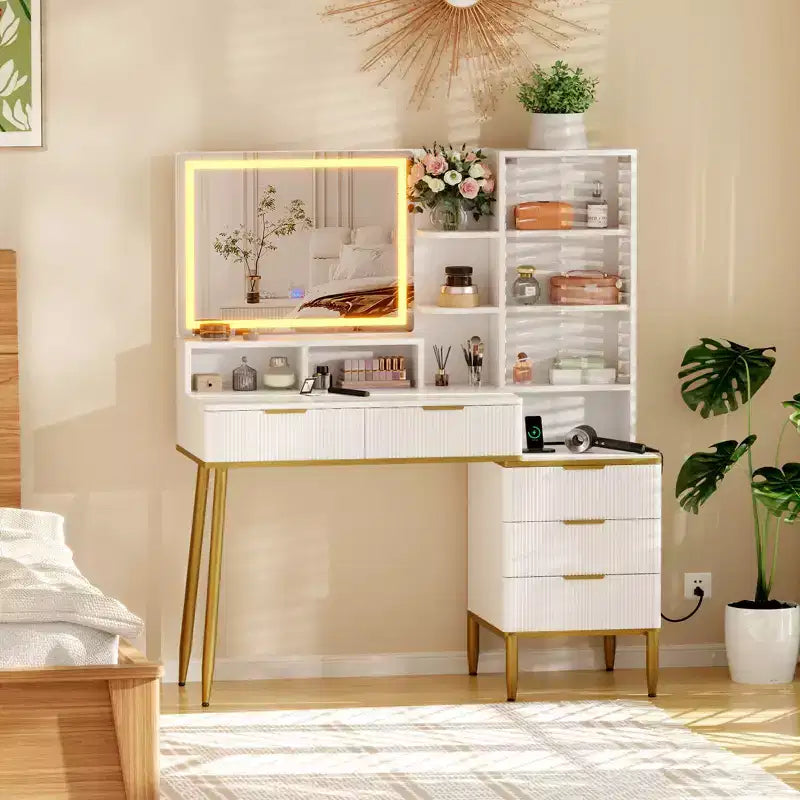 COZONY Fluted Vanity Desk with Mirror, Makeup Vanity with 5 Drawers &amp; Shelves, Modern Dressing Table for Bedroom