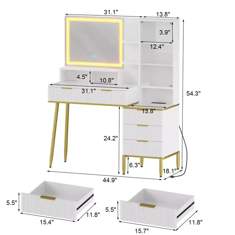 Coiffeuse cannelée avec miroir, coiffeuse de maquillage avec 5 tiroirs et étagères, table de toilette moderne pour chambre à coucher