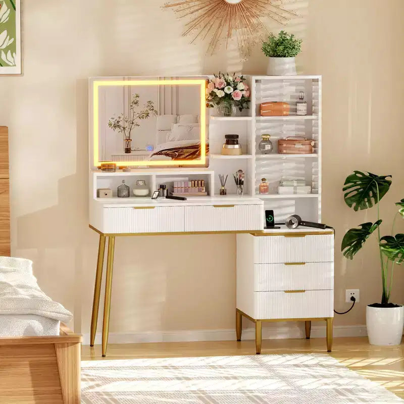 Coiffeuse cannelée avec miroir, coiffeuse de maquillage avec 5 tiroirs et étagères, table de toilette moderne pour chambre à coucher