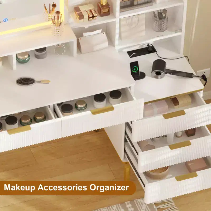 Coiffeuse cannelée avec miroir, coiffeuse de maquillage avec 5 tiroirs et étagères, table de toilette moderne pour chambre à coucher