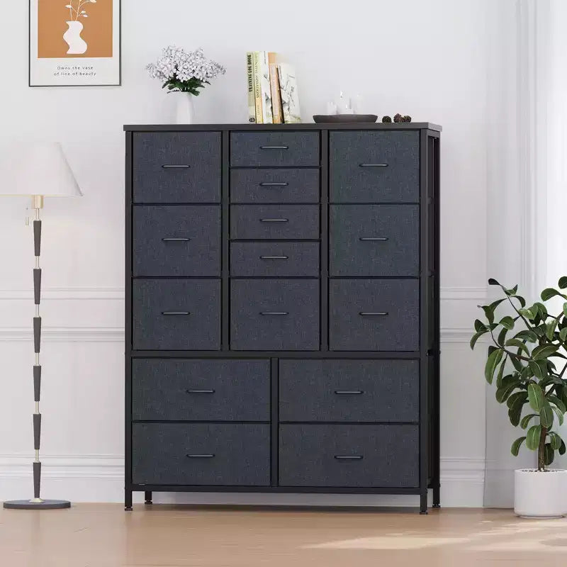 Commode à 15 tiroirs, commode avec plateau en bois, cadre en métal, unité de rangement avec tissu