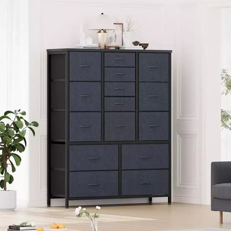 Commode à 15 tiroirs, commode avec plateau en bois, cadre en métal, unité de rangement avec tissu