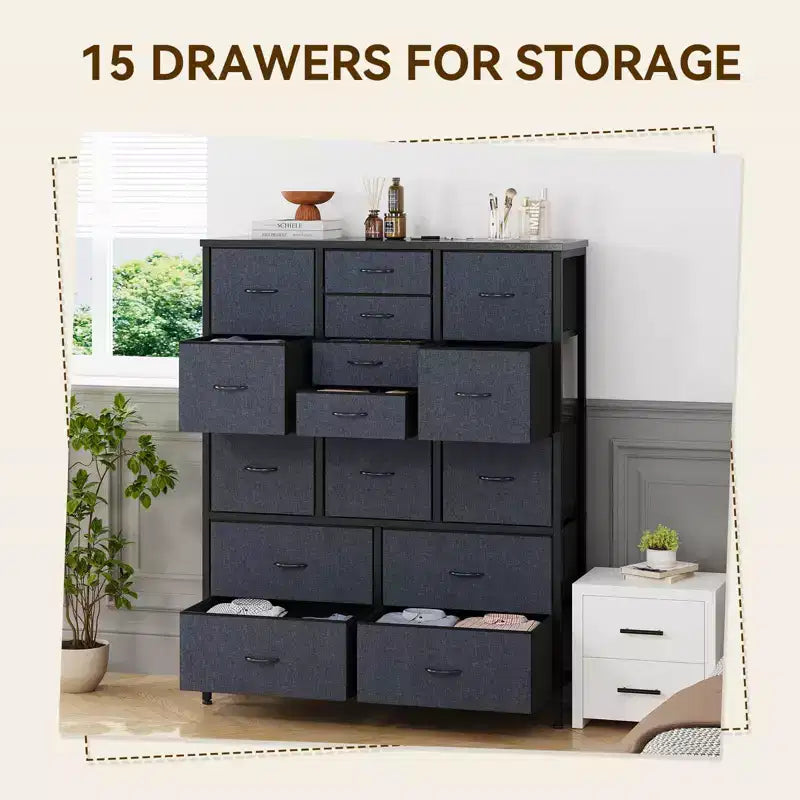 Commode à 15 tiroirs, commode avec plateau en bois, cadre en métal, unité de rangement avec tissu