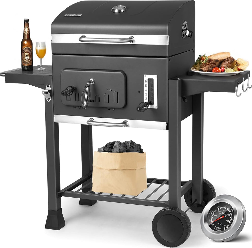 Barbecue Charbon de Bois XL, Chariot à Barbecue, Grill XL à Charbon avec Couvercle, Roues et Thermomètre, Réglable en Hauteur, Grand Barbecue au Ch...