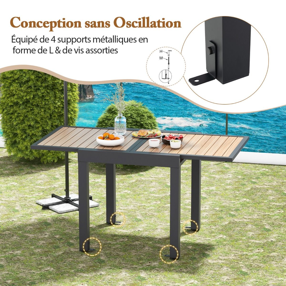Table de Jardin Extensible en Aluminium Ajustable de 80 à 160 CM Table à Manger Extérieure Rectangulaire pour 4-6 Personnes Naturel