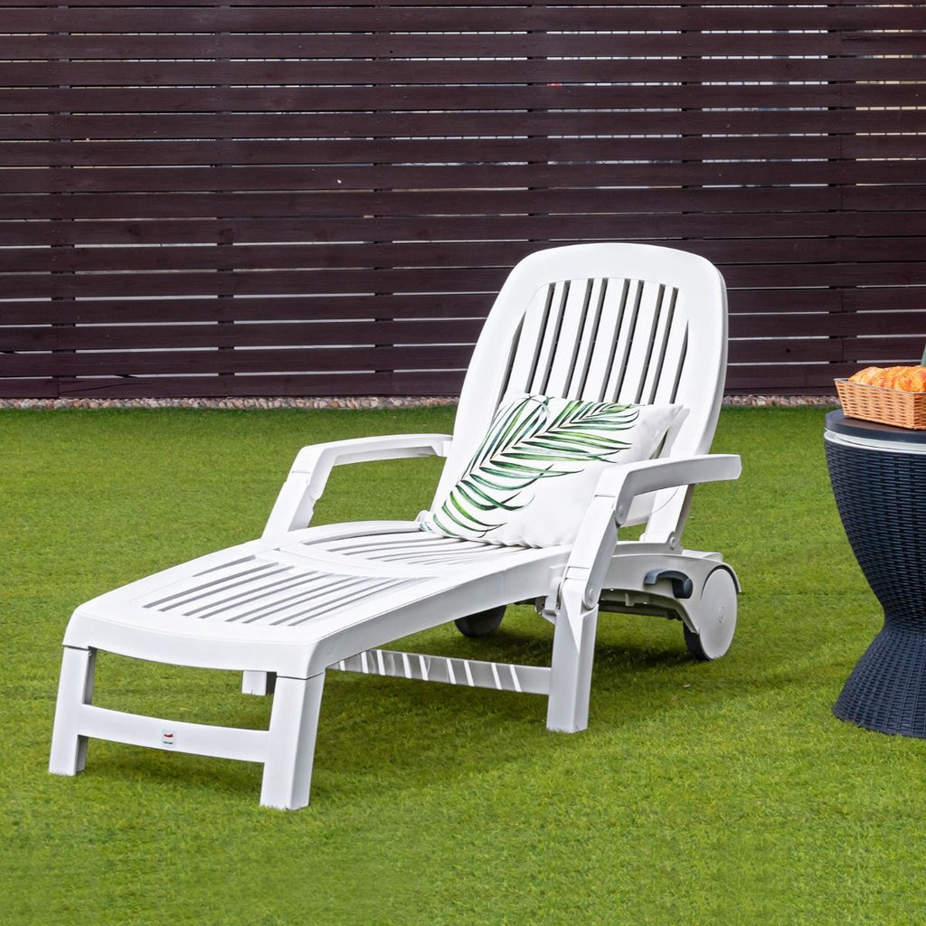 Chaise Longue Inclinable Réglable à 5 Positions avec Roues Flexibles Fauteuil Relax de Camping avec Boîte de Rangement Charge 150KG Blanc