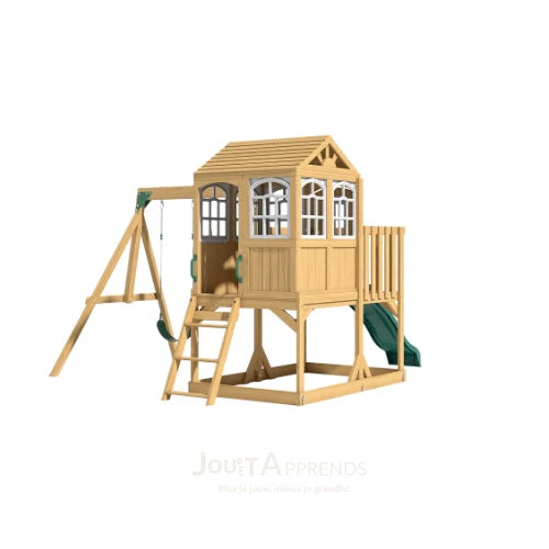 Aire de jeux enfant Montessori - 3 en 1 Balançoire, Toboggan, Cabane en bois modulable