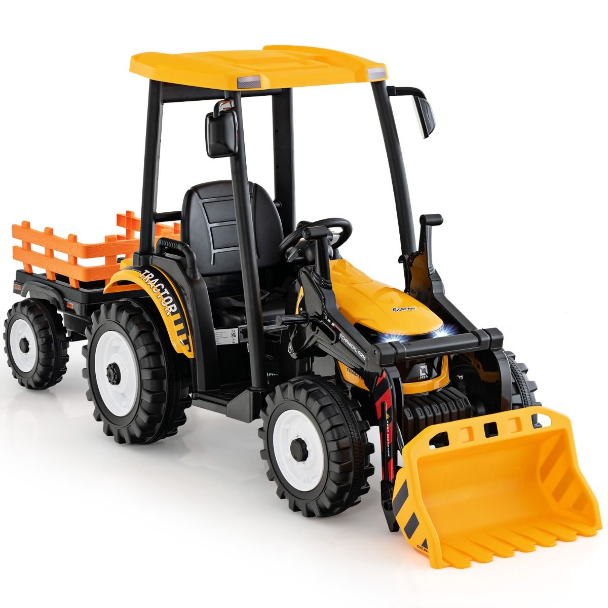 12V Tracteur Électrique Enfants avec Pelle&Remorque Amovible Véhicule Électrique à 6 Roues avec Télécommande & Musique 3-6 km/h pour 3-8 Ans Jaune/...