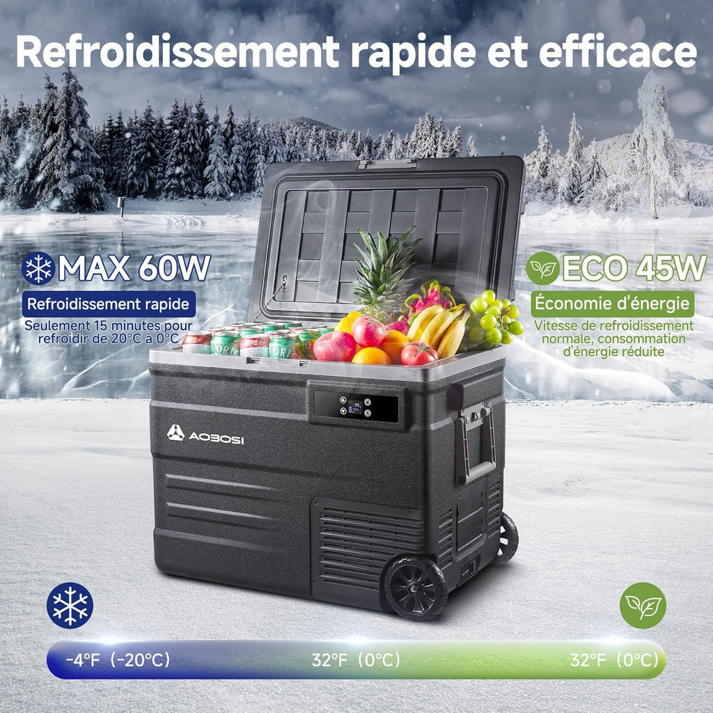 AAOBOSI 45L Glacière à Compresseur, Glaciere Électrique -20℃ à 20℃, Frigo Camion APP&Bouton Contrôle, 12/24V DC et 100-240V AC Glaciere Camping Pou...