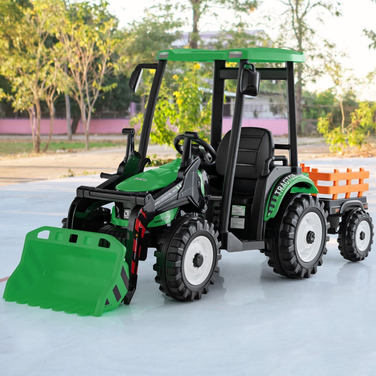 12V Tracteur Électrique Enfants avec Pelle&Remorque Amovible Véhicule Électrique à 6 Roues avec Télécommande & Musique 3-6 km/h pour 3-8 Ans Jaune/...