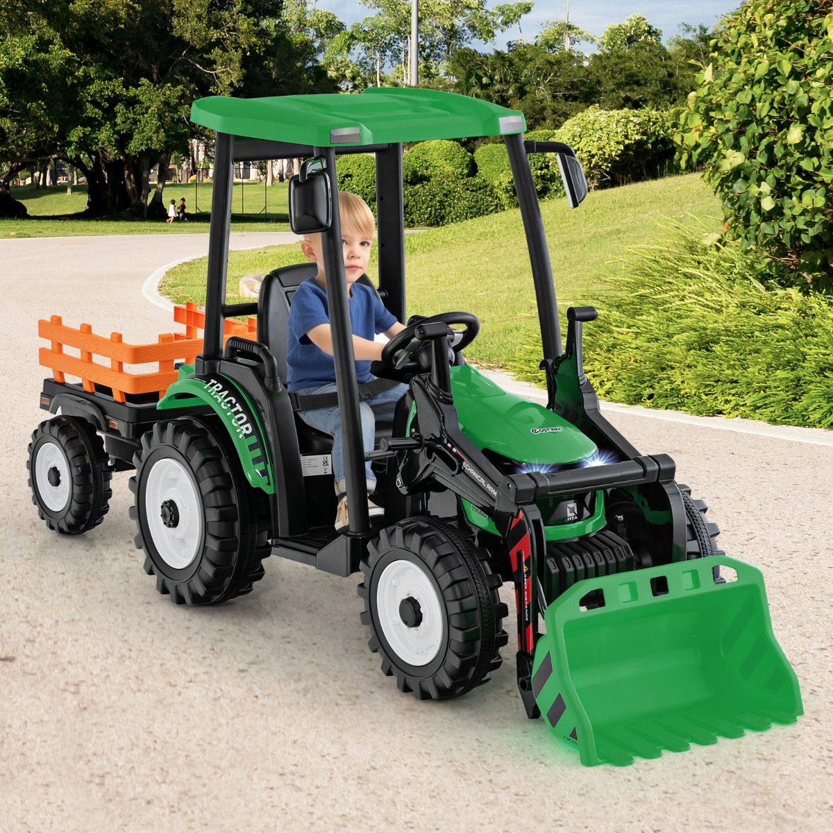 12V Tracteur Électrique Enfants avec Pelle&Remorque Amovible Véhicule Électrique à 6 Roues avec Télécommande & Musique 3-6 km/h pour 3-8 Ans Jaune/...