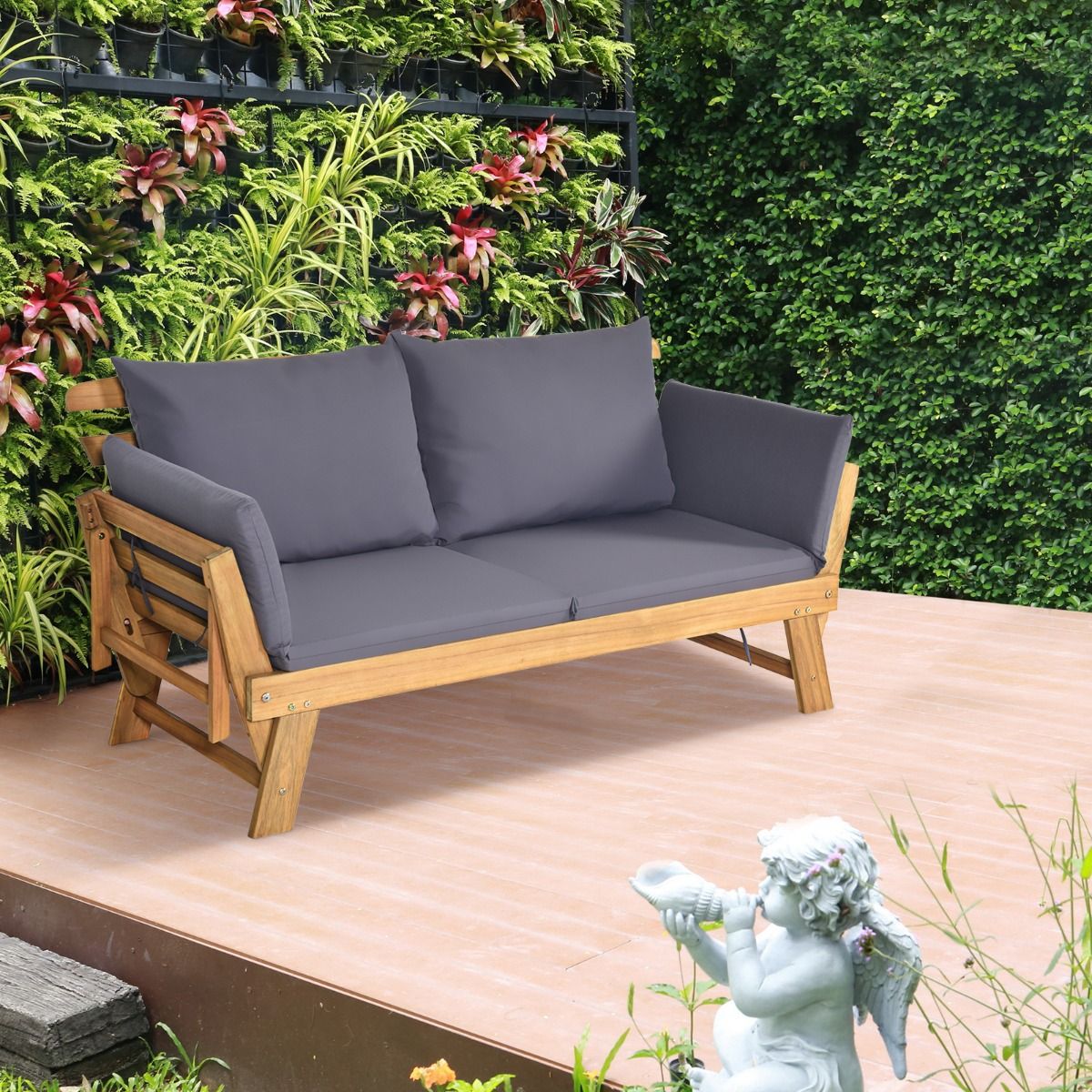 Chaise Longue Convertible avec Coussin Canapé de Jardin 2 en 1 en Bois d’Acacia avec Accoudoir Réglable pour Patio Piscine Jardin Blanc/Gris/Bleu/R...