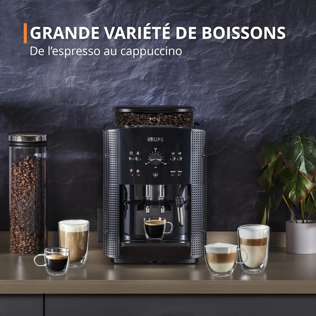 Krups Machine à café grain, 1,7 L, 2 tasses en simultané, Nettoyage automatique, Buse vapeur pour Cappuccino, Cafetière espresso, Essential noire Y...