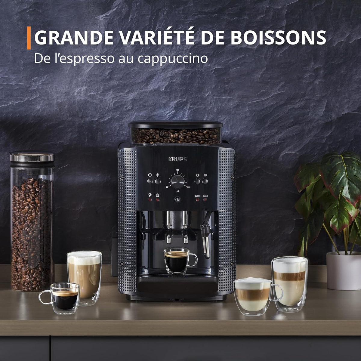 Krups Machine à café grain, 1,7 L, 2 tasses en simultané, Nettoyage automatique, Buse vapeur pour Cappuccino, Cafetière espresso, Essential noire Y...