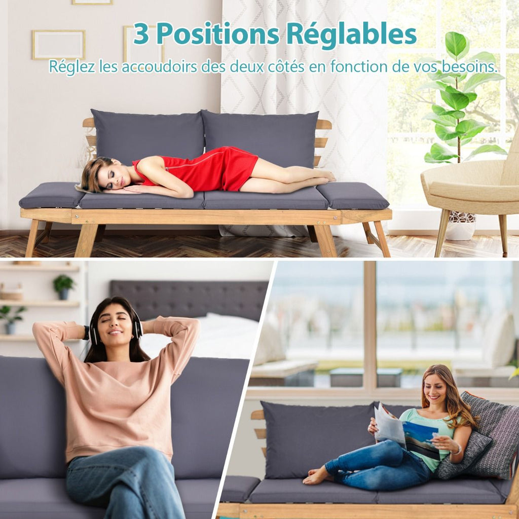 Chaise Longue Convertible avec Coussin Canapé de Jardin 2 en 1 en Bois d’Acacia avec Accoudoir Réglable pour Patio Piscine Jardin Blanc/Gris/Bleu/R...
