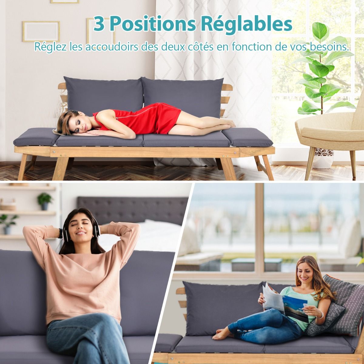 Chaise Longue Convertible avec Coussin Canapé de Jardin 2 en 1 en Bois d’Acacia avec Accoudoir Réglable pour Patio Piscine Jardin Blanc/Gris/Bleu/R...