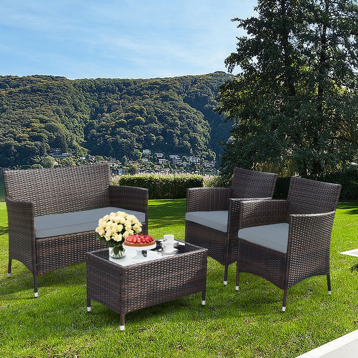 Salon de Jardin 4 PCS Mobilier de Terrasse en Rotin PE pour Véranda Patio Terrasse Piscine Marron et Gris