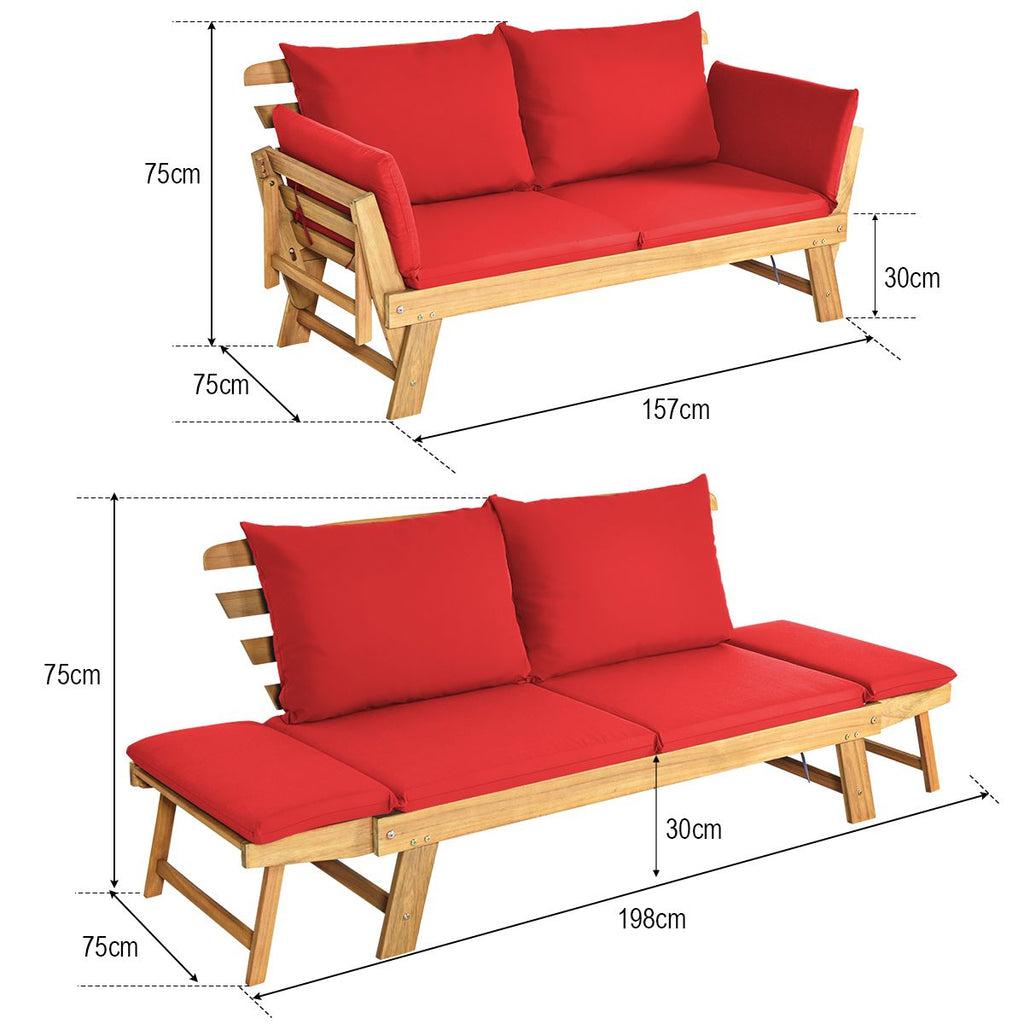 Chaise Longue Convertible avec Coussin Canapé de Jardin 2 en 1 en Bois d’Acacia avec Accoudoir Réglable pour Patio Piscine Jardin Blanc/Gris/Bleu/R...