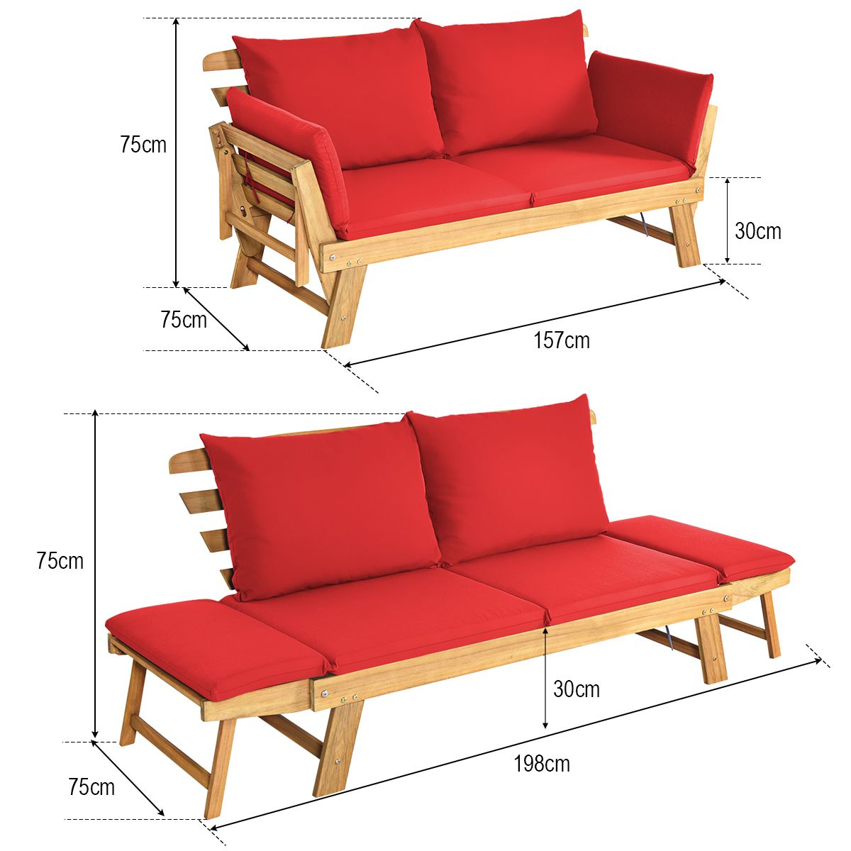 Chaise Longue Convertible avec Coussin Canapé de Jardin 2 en 1 en Bois d’Acacia avec Accoudoir Réglable pour Patio Piscine Jardin Blanc/Gris/Bleu/R...