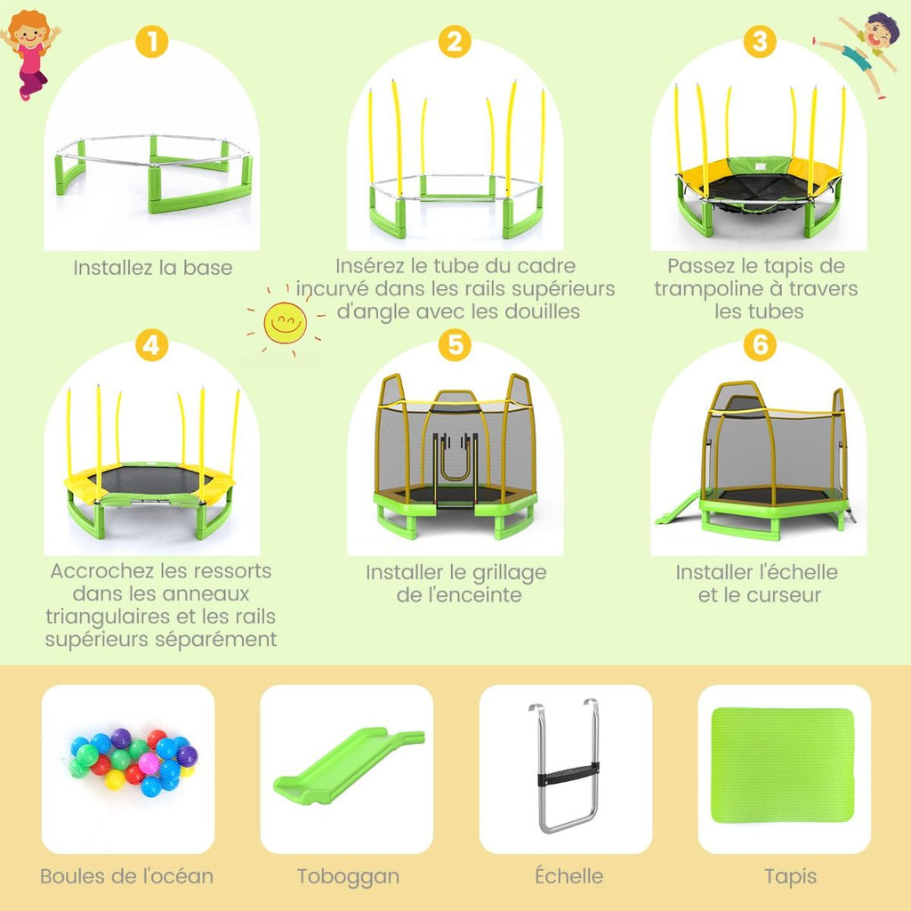Trampoline Extérieur Ø 223cm avec Toboggan&Echelle avec Filet de Sécurité 2 Portes en U Charge 270kg pour 2-3 Enfants de 3 Ans+ Bleu/Vert