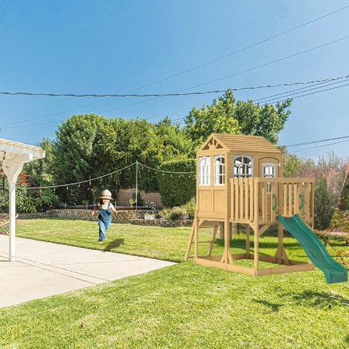 Aire de jeux enfant Montessori - 3 en 1 Balançoire, Toboggan, Cabane en bois modulable