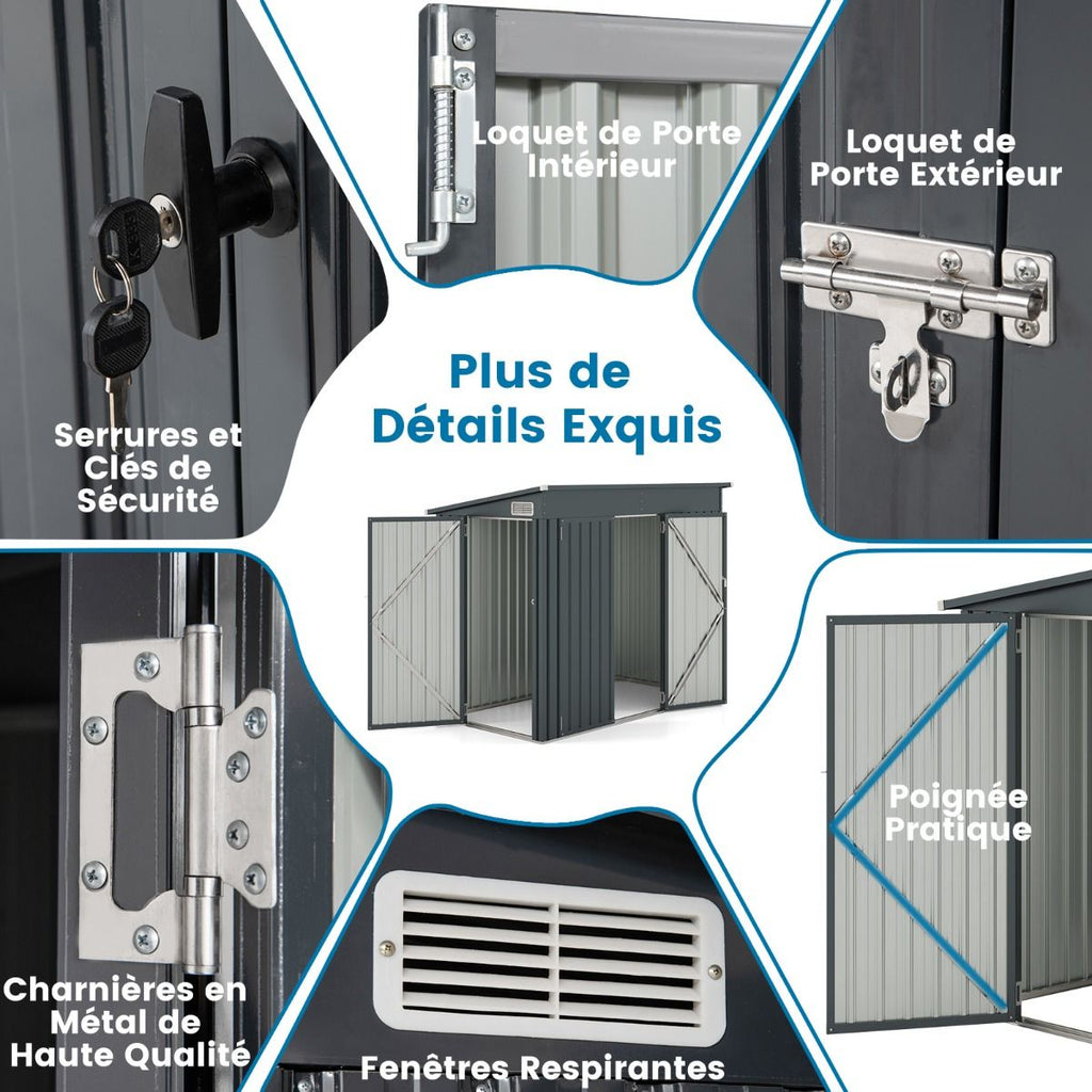 Abri de Jardin Extérieur Abri à Outils de Jardin avec 2 Portes Design Incliné Aérations Cadre en Métal Galvanisé 235x117x185cm Gris Foncé