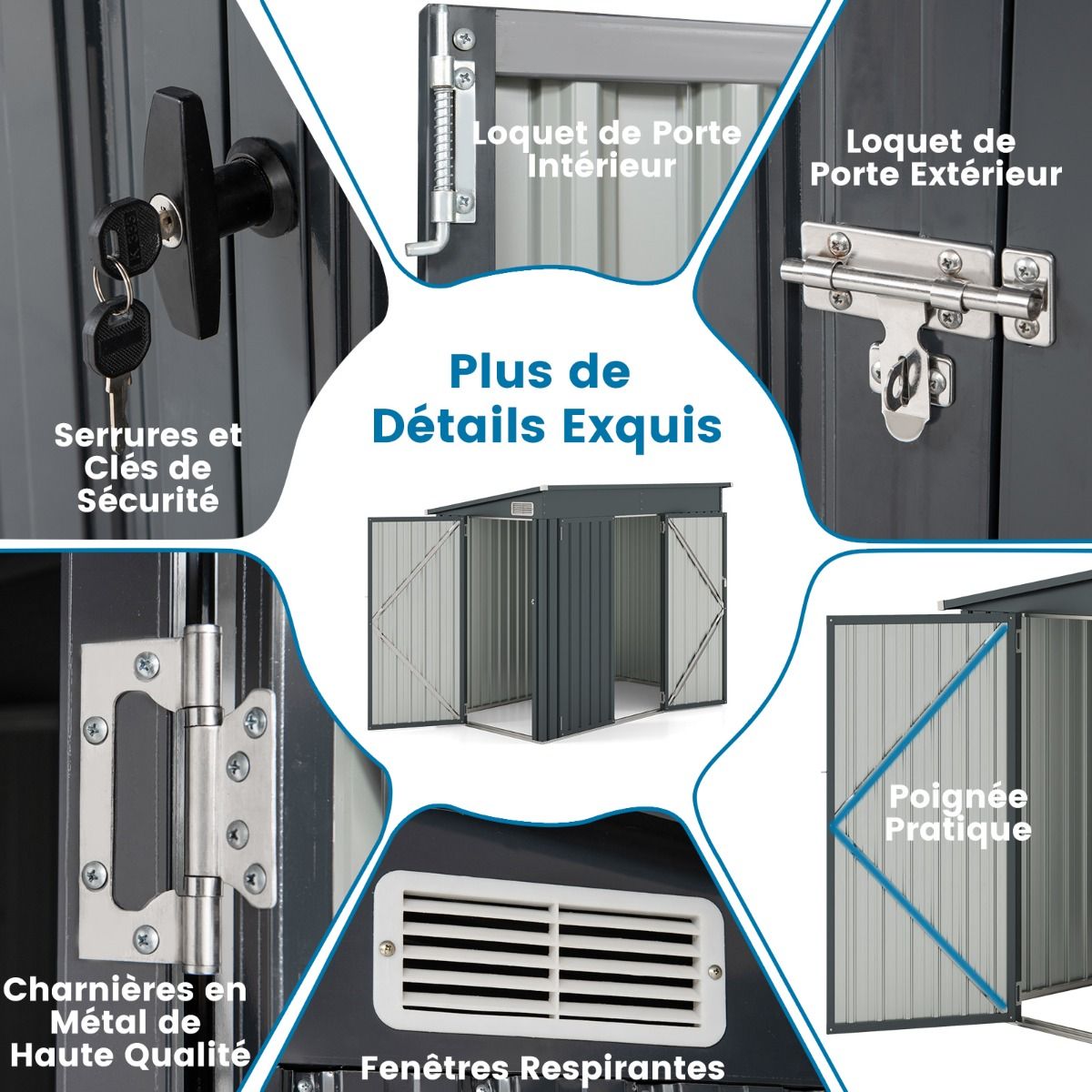 Abri de Jardin Extérieur Abri à Outils de Jardin avec 2 Portes Design Incliné Aérations Cadre en Métal Galvanisé 235x117x185cm Gris Foncé