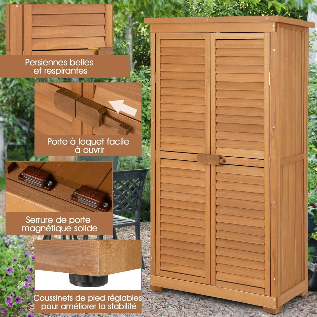 Abri de Jardin En Bois 160 Cm Toit en Asphalte 2 Portes Verrouillables avec Loquet Armoire Cabane en Sapin Pré-Huilé Imperméable 3 Étagères Amovibl...
