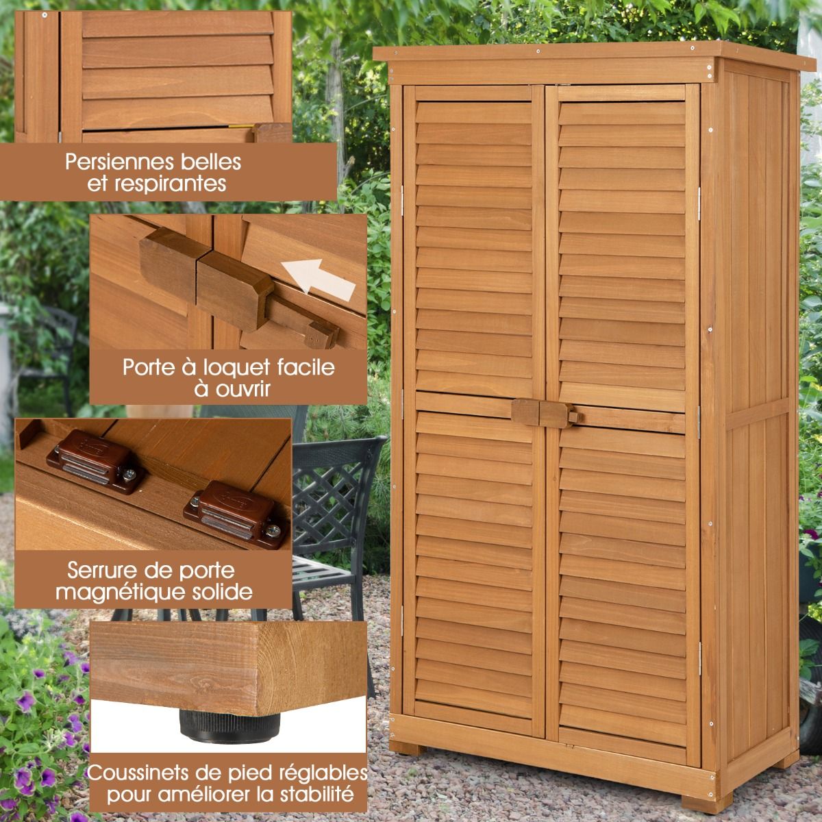 Abri de Jardin En Bois 160 Cm Toit en Asphalte 2 Portes Verrouillables avec Loquet Armoire Cabane en Sapin Pré-Huilé Imperméable 3 Étagères Amovibl...